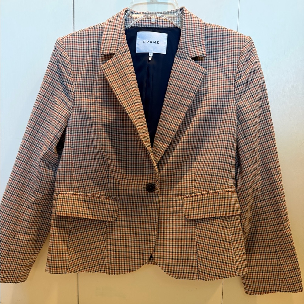 Frame Women's Plaid Blazer Jacket in tan with blue, rust and beige accents